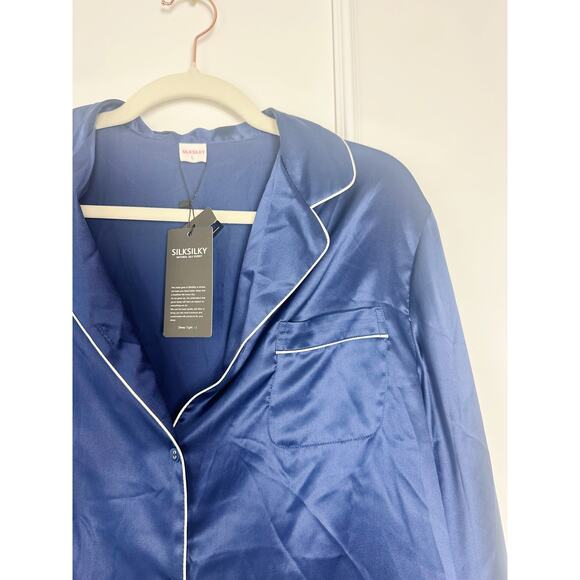 NWT 100% Silk Long Sleeve Navy Blue Pajama Set Size L - Picture 6 of 9